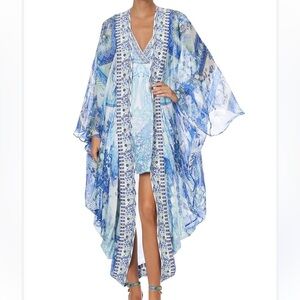 Camilla Long Sleeve Long Cape 100% Silk Crystal Kimono Cali Dreaming One Size